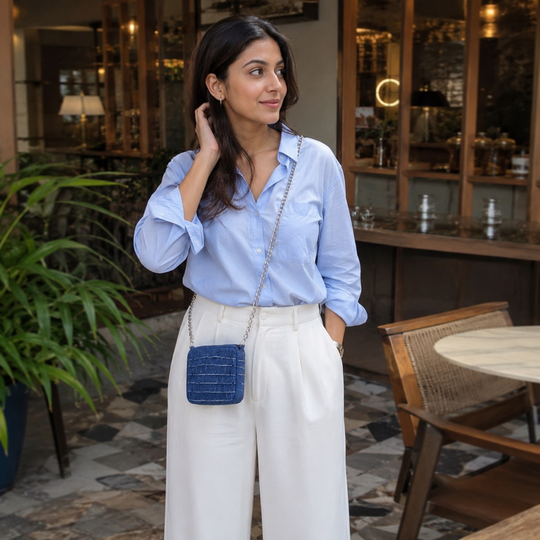 Midnight Ruffle Denim Mini Sling (6 x 5 x 1.5 inches)