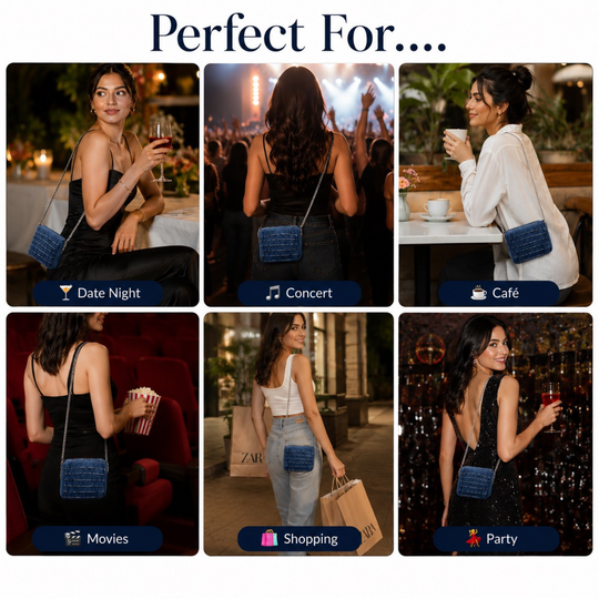 Midnight Ruffle Denim Mini Sling (6 x 5 x 1.5 inches)