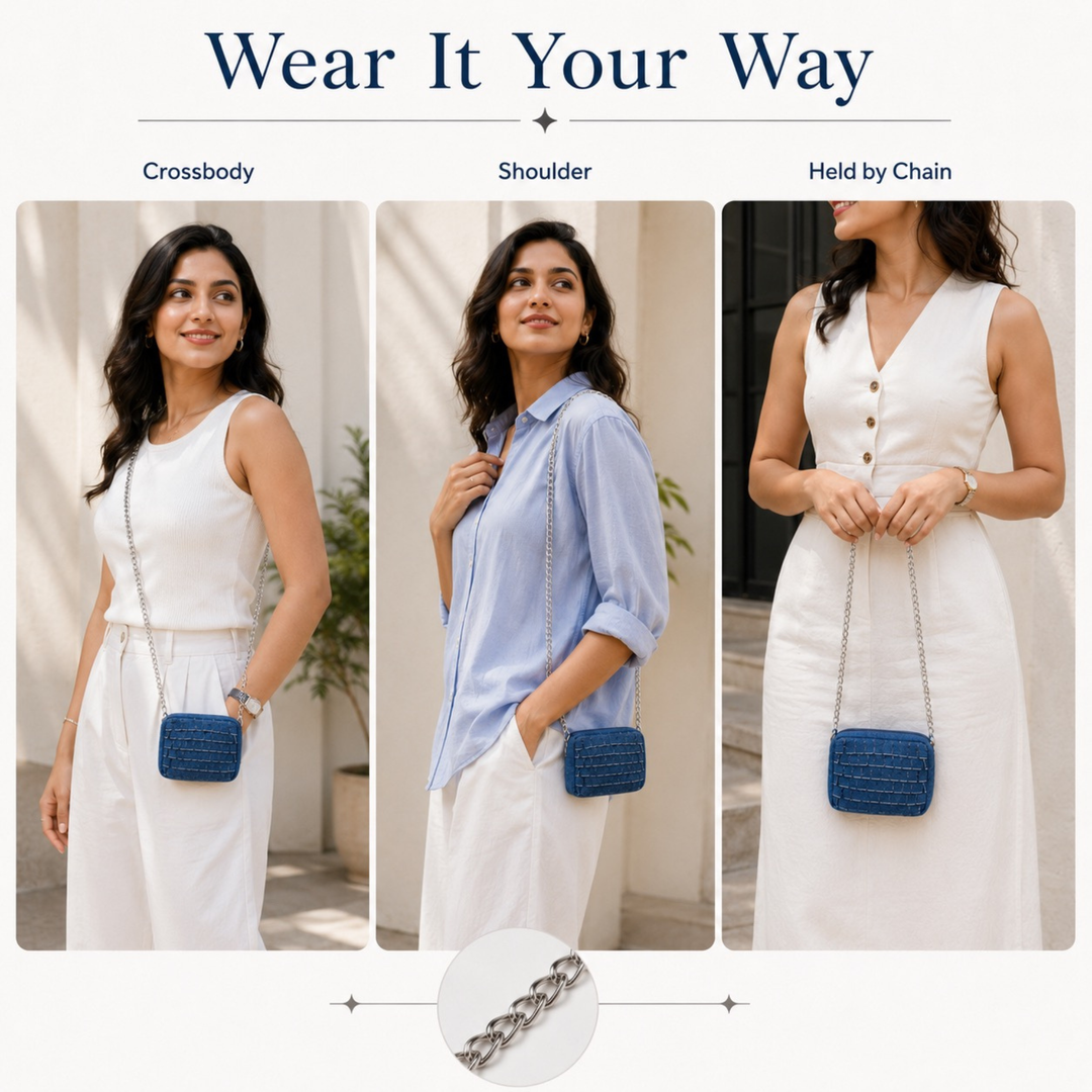 Midnight Ruffle Denim Mini Sling (6 x 5 x 1.5 inches)