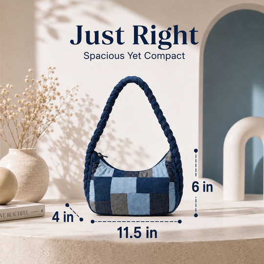 Indigo Mosaic Denim Patchwork Hobo (11.5 x 6 x 4 inches)