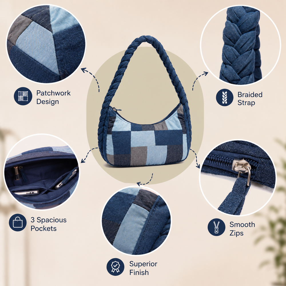 Indigo Mosaic Denim Patchwork Hobo (11.5 x 6 x 4 inches)