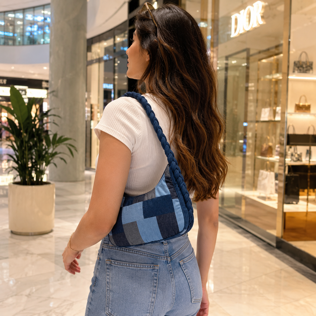 Indigo Mosaic Denim Patchwork Hobo (11.5 x 6 x 4 inches)