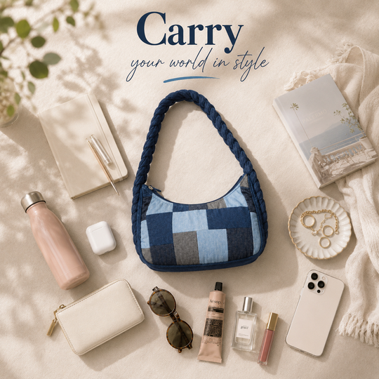 Indigo Mosaic Denim Patchwork Hobo (11.5 x 6 x 4 inches)
