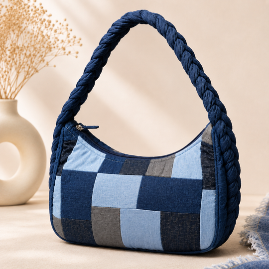 Indigo Mosaic Denim Patchwork Hobo (11.5 x 6 x 4 inches)