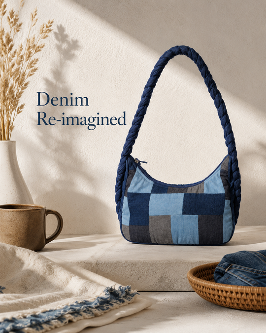 Indigo Mosaic Denim Patchwork Hobo (11.5 x 6 x 4 inches)