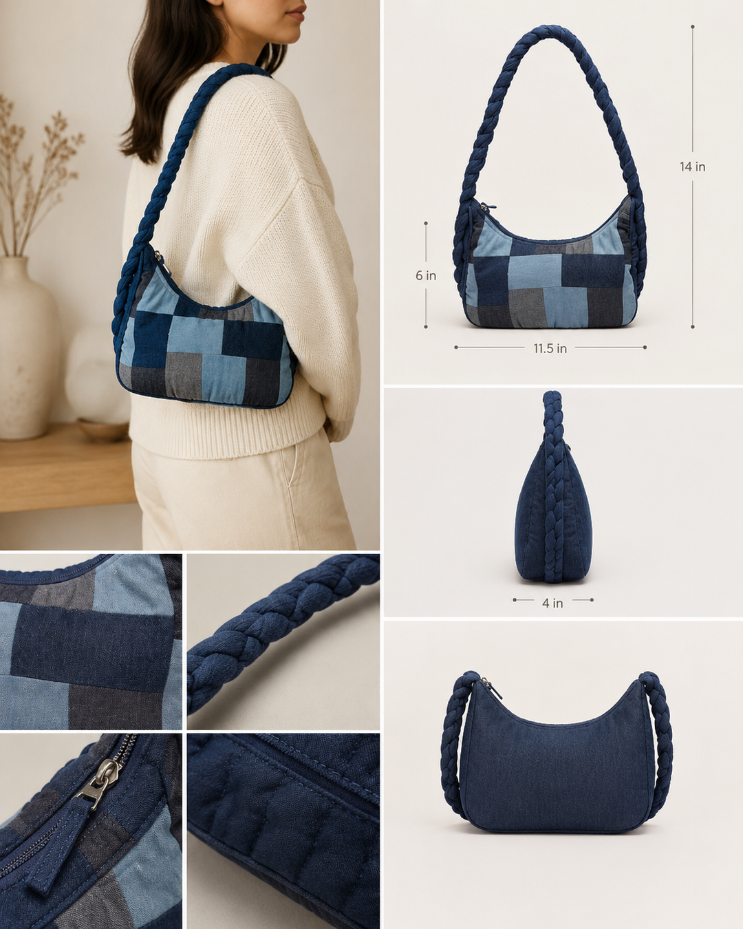 Indigo Mosaic Denim Patchwork Hobo (11.5 x 6 x 4 inches)