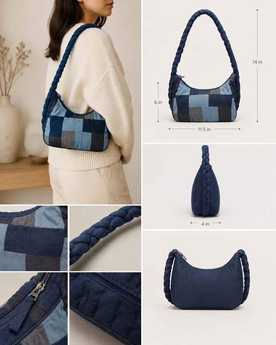 Indigo Mosaic Denim Patchwork Hobo (11.5 x 6 x 4 inches)