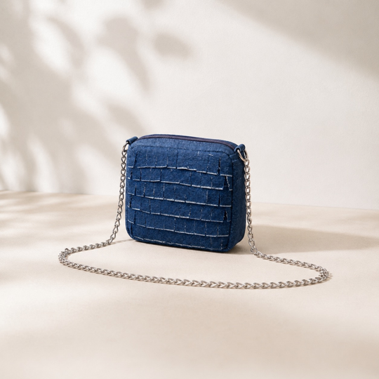 Midnight Ruffle Denim Mini Sling (6 x 5 x 1.5 inches)